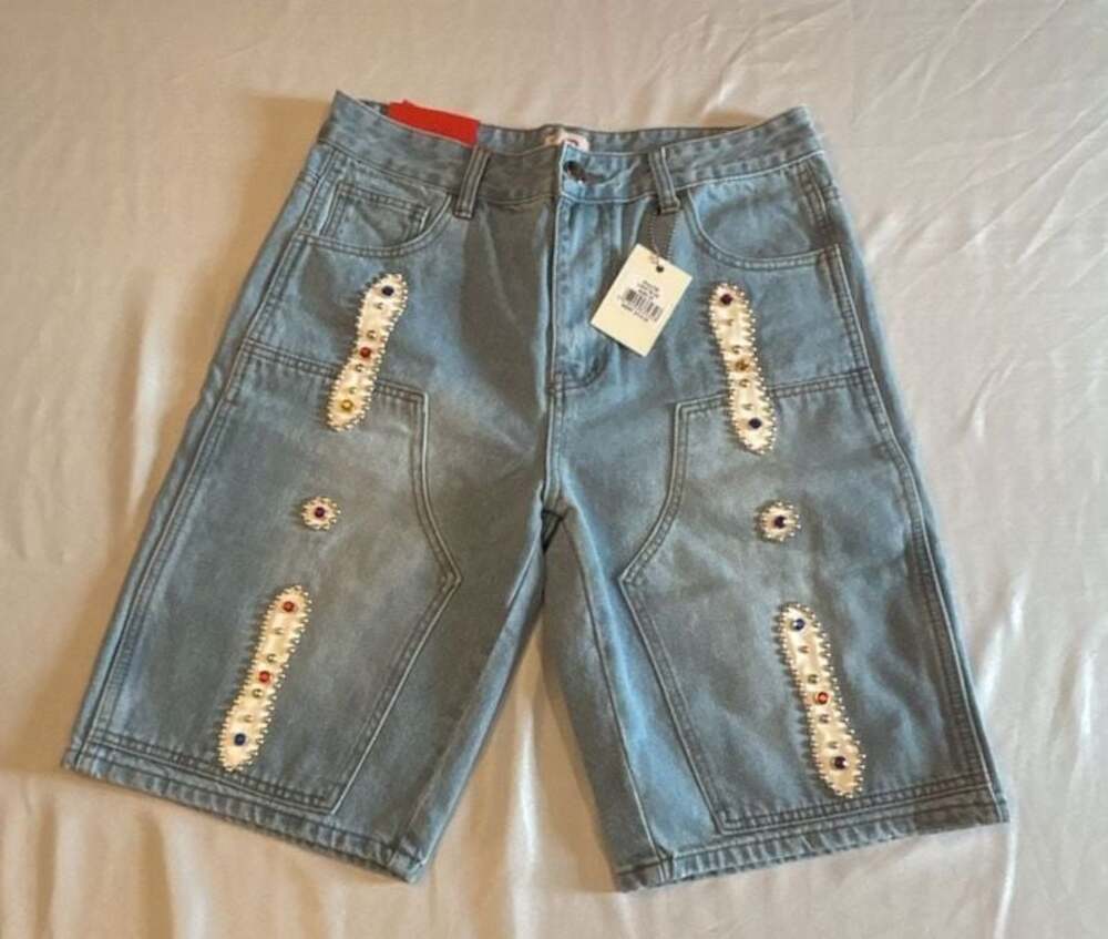 PLTX Bravo780 Light Blue Embellished Denim Shorts Size 30